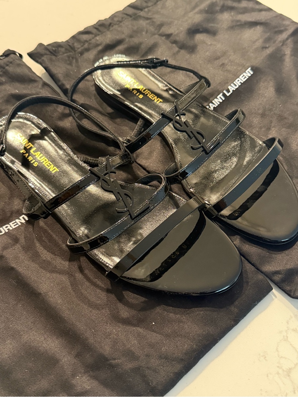 Saint Laurent Black Patent Leather Logo Strap Sandals